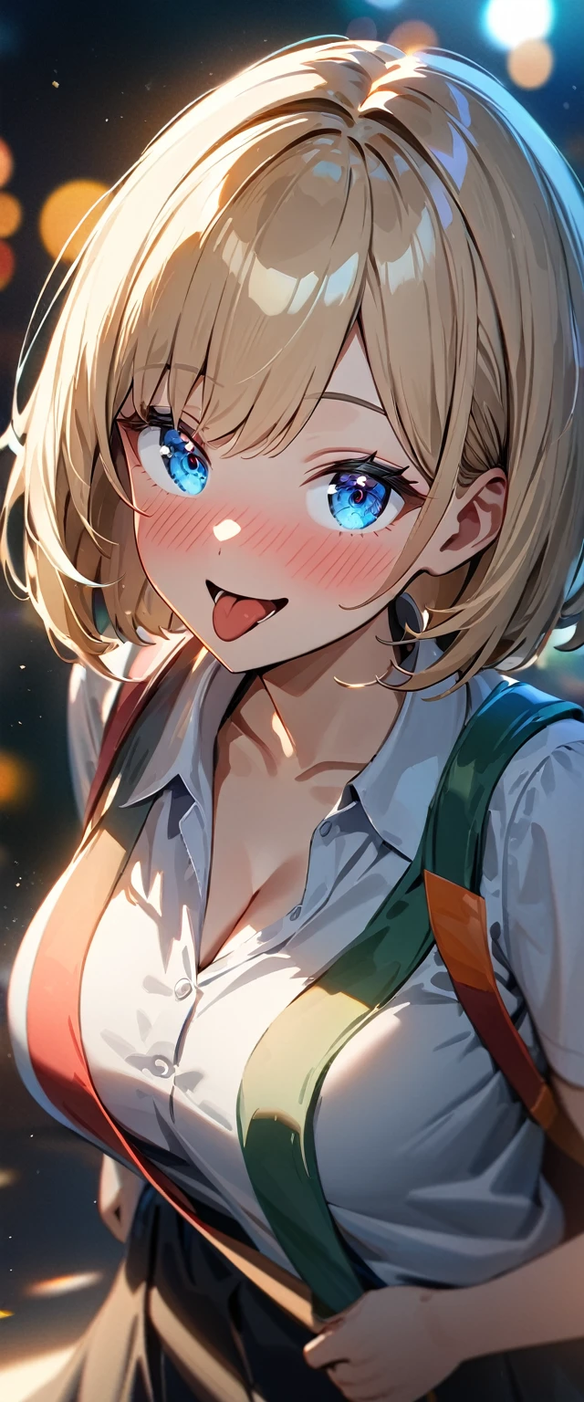 (((One girl))), blond hair, bob cut, (upper body), (looking at viewer), breasts, teenager, head tilt:1.3, (((blue eye))), ((happy smile)), ((full face blush)), tongue out, open mouth, school summer uniform, white shirts, black skirt, cleavage, anime style, (best quality, 4k, 8k, highres, masterpiece:1.2, ultra-detailed, ultra-detailed eyes, HDR, UHD, studio lighting, ultra-fine painting, sharp focus, physically-based rendering, extreme detail description, professional, vivid colors, bokeh)