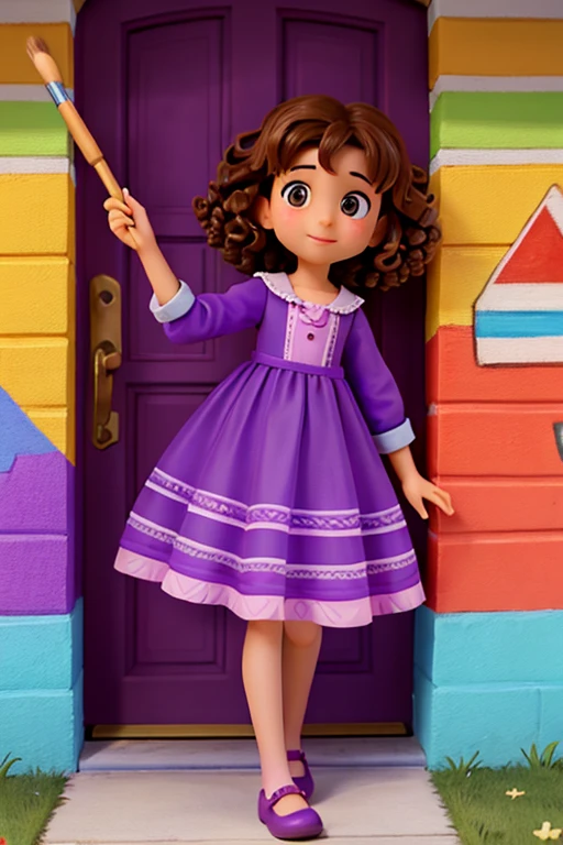10 year old brunette with curly hair brown eyes and small nose wearing a modern purple dress , drawing and painting the walls of houses with a large magic brush . leaving everything colorful and full of life