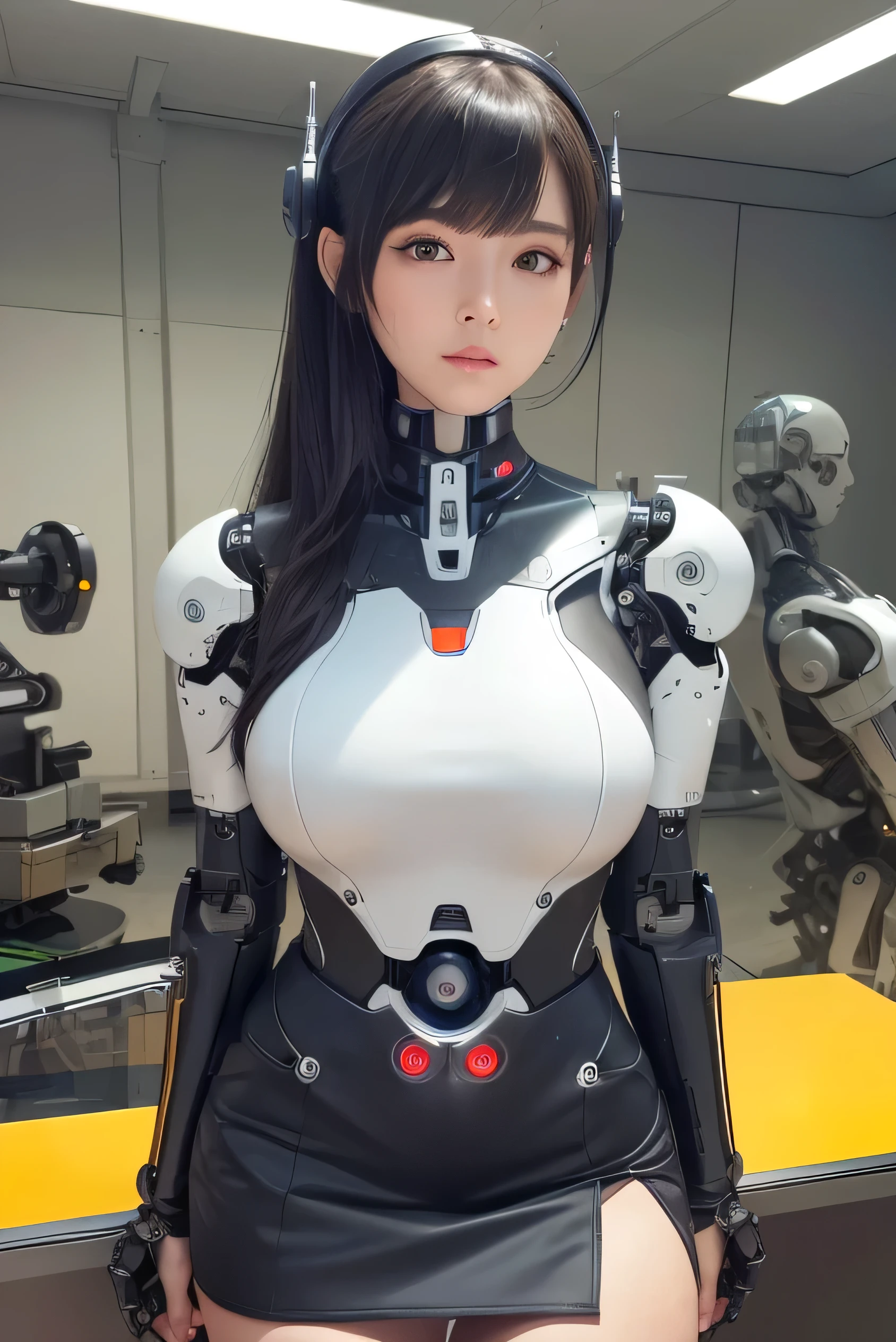 masterpiece, best quality, extremely detailed, (photorealistic:1.4),(RAW photo) (8K, 4K, Best Quality, hight resolution, 超A high resolution:1.1), (masutepiece, Realistic, Photorealsitic:1.1), 1girl in, Japaese Cyborg Girl,Plump ,navy pleated miniskirt,black tights,control panels,android,Droid,Mechanical Hand, ,clothes with a sense of mechanical technology, Robot arms and legs, Black Robot Parts,Black hair,Mechanical body,Blunt bangs,White abdomen,White robotics parts,tube dress,perfect robot woman,future laboratory,cyber pank,charging spot,android factory,robot factory,cyborg factory,long tube,thick cable connecting her neck,ceramic body ,full eyes,striking eyes,mechanical body, head antenna,mechanical ear cover,android,robot humanoid,
