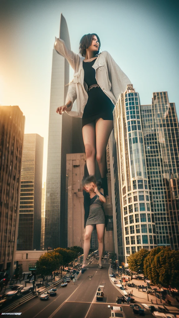 A giant woman sitting on the street playing with a cyberpunk city car, Little guys running around the giant girl, Standing on her hand, cgsociety 9, fantasy art, unreal engine render + a female spirit, whole body cgsociety, artgerm ; Surreal content, giant art, super detailed matte paintings, super detailed matte paintings, realistic fantasy art, realistic style. Beautiful girl. Big thighs."Small people standing on the roof of a tall building waving to the girl."Wearing short skirts.Jennifer Lawrence.Attack on Titan. 