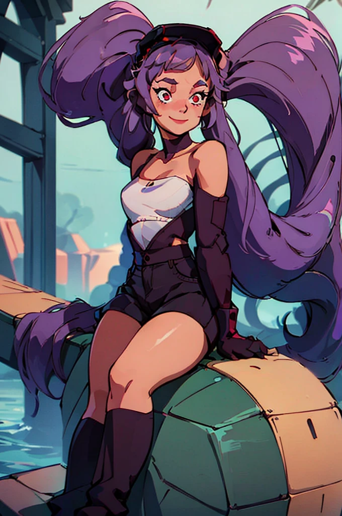 Entrapta, smiling, embarrassed, long purple hair, twin ponytails, red eyes, wearing tube top, wearing booty shorts, thick thighs, underbutt