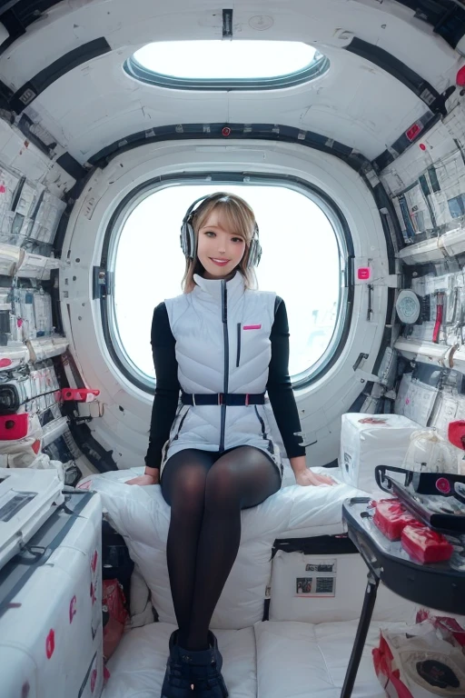 masterpiece, Highest quality, Very detailed, 8K Portrait,masterpiece, highest quality, high resolution, breasts, 20yo,1 girl,(独奏):2,,blonde hair,(inside space station):2,flying:2,floatong:2,zero gravity,wind:1.5,anime lovelive style,
BREAK
headphone,(futurstic tight-fit bodysuit):2,(shiny silver long downvest):100,(northface silver metallic puffy downvest):2,(puffy):2,(black sleeves):5,(black tights):2,(black belt),futuristic boots and gloves,(smartwatch):100,astrovest
BREAK
1 girls, sitting in spacecraft cabin with 4-point seat belt, securely fastened, space station interior, looking out of large windows at Earth below, beautiful eyes, she have aluminum foil pouch,(aluminum foil pouch with plastic viewing window):2, contains nutritious liquid or puree together, smiling and chatting, bright and cheerful expressions, high quality cinematic lighting, detailed textures, sharp focus,blue hair,blue eyes,
