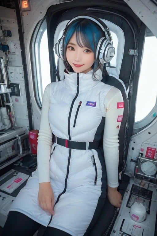 masterpiece, Highest quality, Very detailed, 8K Portrait,masterpiece, highest quality, high resolution, breasts, 20yo,1 girl,(独奏):2,,blonde hair,(inside space station):2,flying:2,floatong:2,zero gravity,wind:1.5,anime lovelive style,
BREAK
headphone,(futurstic tight-fit bodysuit):2,(shiny silver long downvest):100,(northface silver metallic puffy downvest):2,(puffy):2,(black sleeves):5,(black tights):2,(black belt),futuristic boots and gloves,(smartwatch):100,astrovest
BREAK
1 girls, sitting in spacecraft cabin with 4-point seat belt, securely fastened, space station interior, looking out of large windows at Earth below, beautiful eyes, she have aluminum foil pouch,(aluminum foil pouch with plastic viewing window):2, contains nutritious liquid or puree together, smiling and chatting, bright and cheerful expressions, high quality cinematic lighting, detailed textures, sharp focus,blue hair,blue eyes,