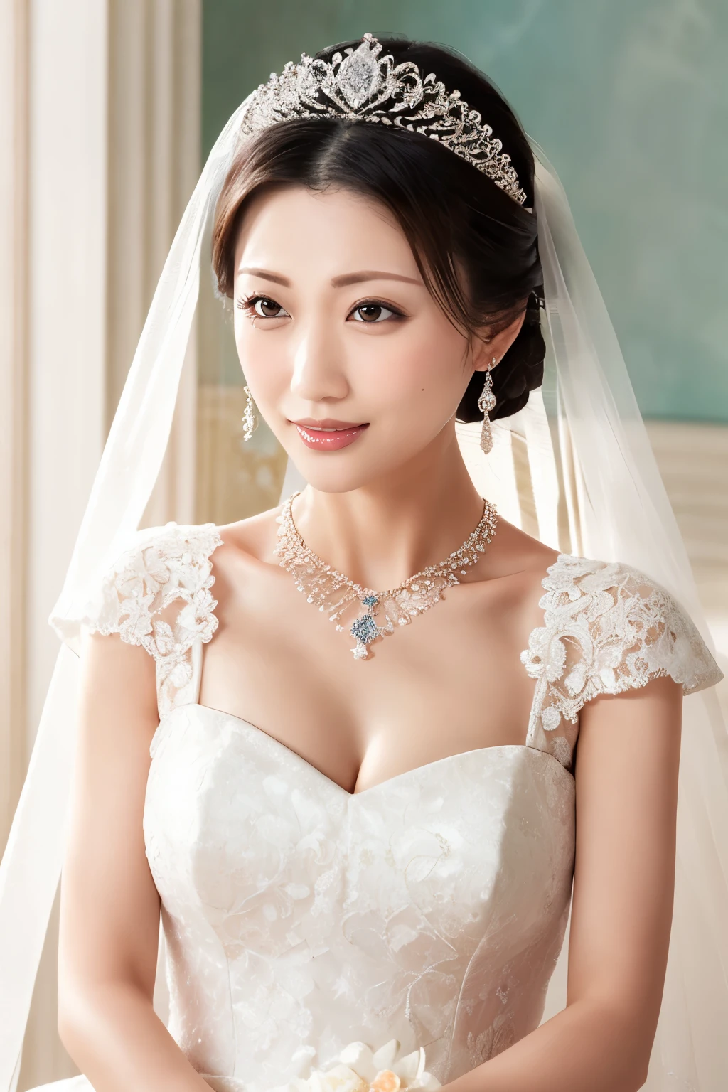 (Highest quality、Tabletop、8K、Best image quality、Award-winning works)、One beautiful bride、(alone:1.1)、(The most extravagant and gorgeous huge pure white wedding dress:1.1)、(Perfect Wedding Lace:1.2)、(The most gorgeous and luxurious giant tiara:1.1)、(The most extravagant and luxurious giant necklace:1.1)、The finest jewellery decoration、Perfect Makeup、Long eyelashes、Ultra HD Shining Eyes、Ultra HD Hair、Ultra High Resolution Glossy Lips、Beautiful face in ultra-high definition、(Accurate anatomy:1.1)、Very bright and beautiful skin、very bright and vivid、Perfect beautiful bridal hairstyles、(Front facing body:1.1)、(The simplest solid color background:1.2)、(Cold, expressionless face:1.4)、(Voluptuous body:1.3)、(Large Breasts:1.2)、(Cleavage:1.2)