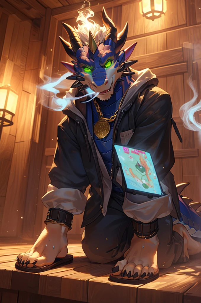 (((赤foot毛茸茸的角色, full Body, Scenes, Furry male))) (((肌肉发达的Dragon in the sauna里))), Plantar, Dragon in the sauna, outstretched legs, (((Wear sandals))), (((Wearing long white sweaty cotton pants))), a happy expression, (((Intoxicated by the green hypnotic gas)), (((Inhale the intoxicating green vapor))), (((green glowing eyes))), (Slobber), (Sweating)), Exquisite claw details, foot, In a state of pleasure, Wearing a gold chain around the neck as jewelry, unintentionally, Playing with his hard, . rest, Detailed background, 8K, (masterpiece:1.5), Intricate details, Very detailed, Extremely detailed, Octane Rendering, art, best quality, high resolution, (Delicate face:1.5), ((full_Body)), Ultra HD, (((Perfect hands))), Low light