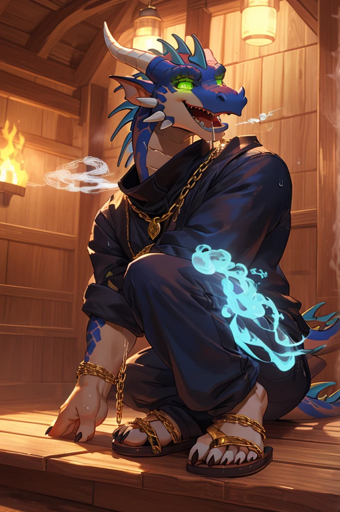 (((赤foot毛茸茸的角色, full Body, Scenes, Furry male))) (((肌肉发达的Dragon in the sauna里))), Plantar, Dragon in the sauna, outstretched legs, (((Wear sandals))), (((Wearing long white sweaty cotton pants))), a happy expression, (((Intoxicated by the green hypnotic gas)), (((Inhale the intoxicating green vapor))), (((green glowing eyes))), (Slobber), (Sweating)), Exquisite claw details, foot, In a state of pleasure, Wearing a gold chain around the neck as jewelry, unintentionally, Playing with his hard, . rest, Detailed background, 8K, (masterpiece:1.5), Intricate details, Very detailed, Extremely detailed, Octane Rendering, art, best quality, high resolution, (Delicate face:1.5), ((full_Body)), Ultra HD, (((Perfect hands))), Low light