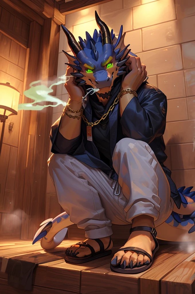 (((赤foot毛茸茸的角色, full Body, Scenes, Furry male))) (((肌肉发达的Dragon in the sauna里))), Plantar, Dragon in the sauna, outstretched legs, (((Wear sandals))), (((Wearing long white sweaty cotton pants))), a happy expression, (((Intoxicated by the green hypnotic gas)), (((Inhale the intoxicating green vapor))), (((green glowing eyes))), (Slobber), (Sweating)), Exquisite claw details, foot, In a state of pleasure, Wearing a gold chain around the neck as jewelry, unintentionally, Playing with his hard, . rest, Detailed background, 8K, (masterpiece:1.5), Intricate details, Very detailed, Extremely detailed, Octane Rendering, art, best quality, high resolution, (Delicate face:1.5), ((full_Body)), Ultra HD, (((Perfect hands))), Low light