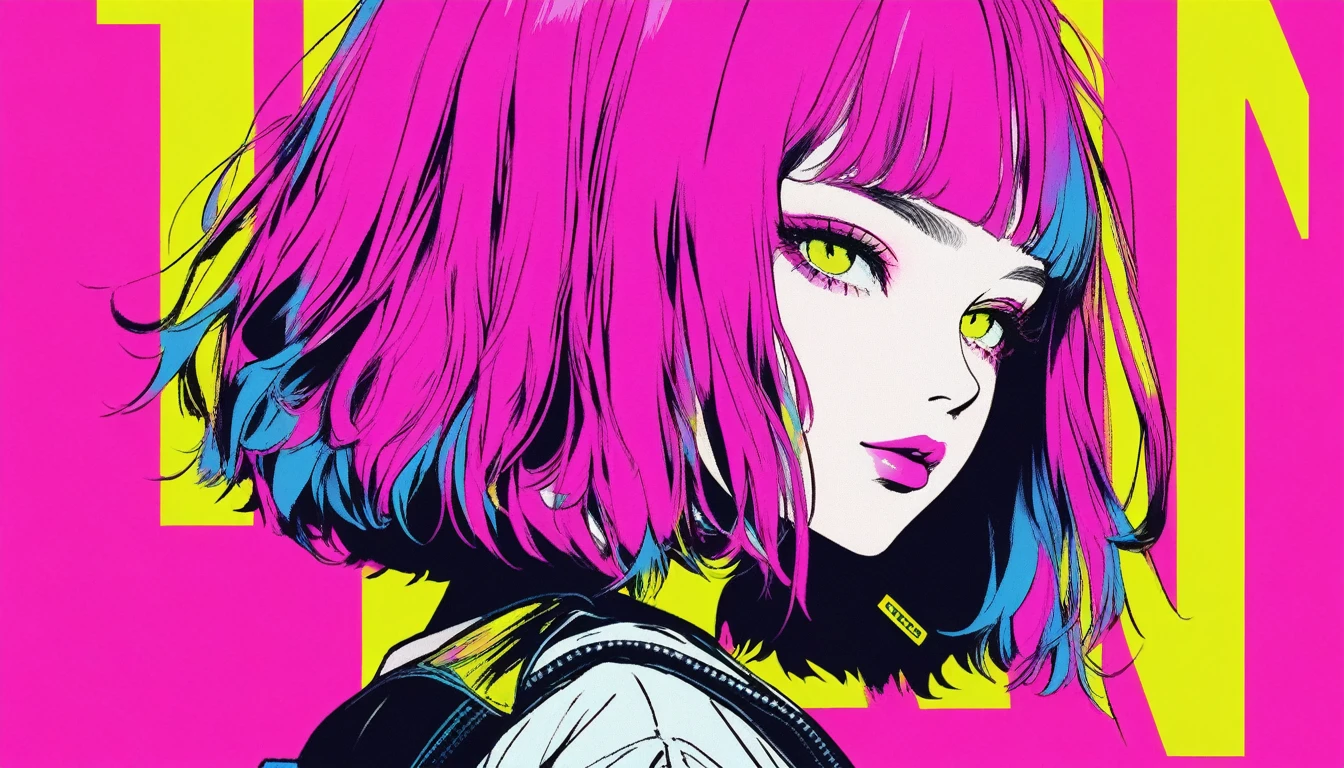 Illustrator, anime , Realistic ,sketch , 1 Girl, ,lip, T-shirt,order,Textured Trim, (masterpiece,Highest quality) Urban Neon Background, Neon Hair,Textured Trim, Canadian, (masterpiece,Highest quality) Cancer