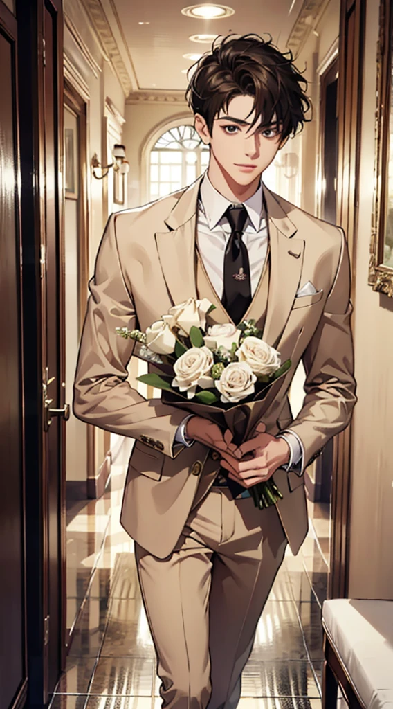 (absurderes, highres, ultra detaild), master part, a boy holding a bouquet, standing alone. Handsome. short hair, finely eye, face detailed, sweater, beige pants, drlight smile. realistic styling
