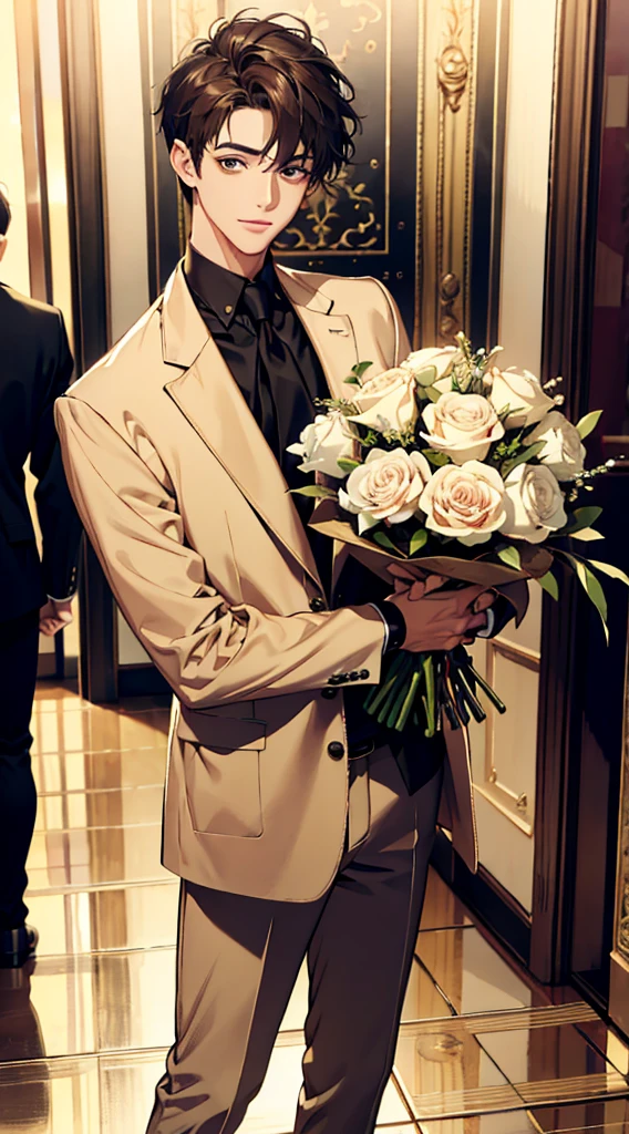 (absurderes, highres, ultra detaild), master part, a boy holding a bouquet, standing alone. Handsome. short hair, finely eye, face detailed, sweater, beige pants, drlight smile. realistic styling