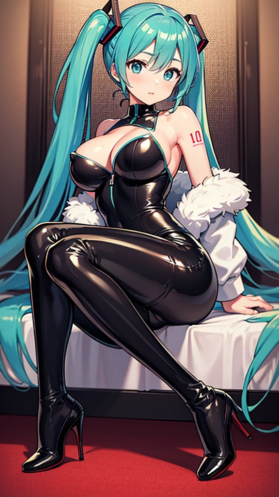 Hatsune Miku VOCALOID、Big Breasts、Latex bodysuit、High heels、Ultimate Physical Beauty、Inside a love hotel、