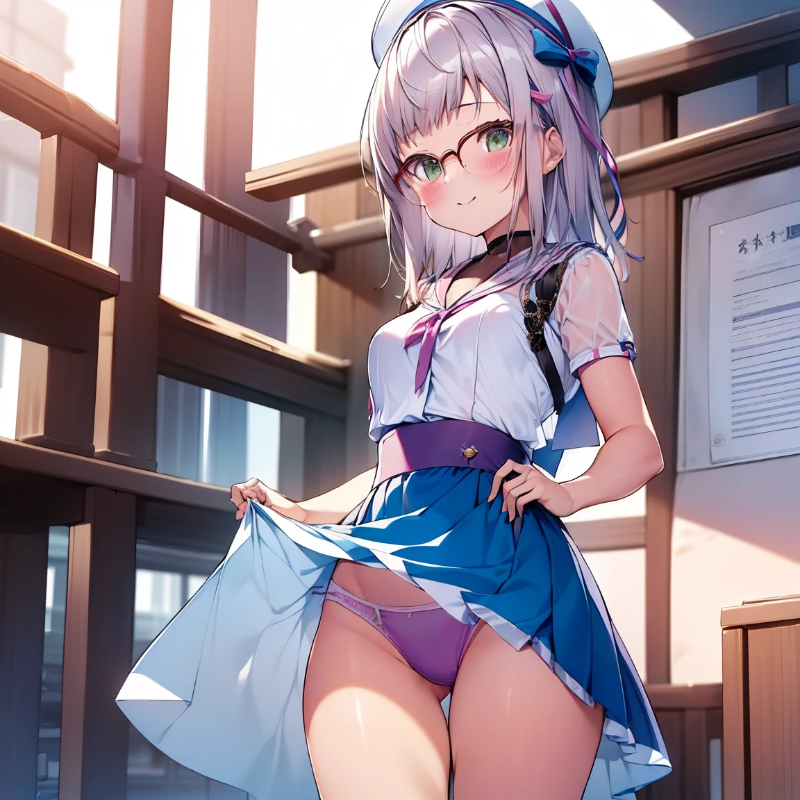 8K、masterpiece、Japanese、Woman wearing glasses、Neon(nod)、from the front、smile、Childish、Small breasts、See-through underwear、night、Bedroom、Show your underwear、mini skirt
