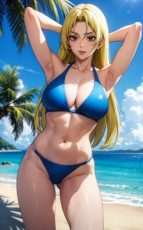 yuki tsukumo, blue bikini, curved, blonde hair, well proportioned, muscular, large thighs, medium chest, beach background, arms up, armpits visible