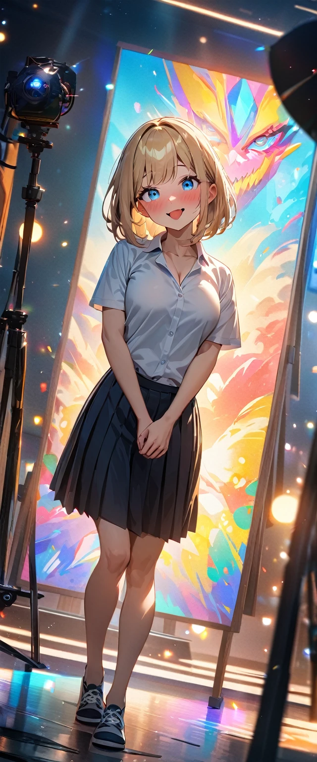 (((One girl))), blond hair, bob cut, (full body), (looking at viewer), breasts, ager, head tilt:1.3, (((blue eye))), ((happy smile)), ((full face blush)), tongue out, open mouth, school summer uniform, white shirts, black skirt, cleavage, anime style, (best quality, 4k, 8k, highres, masterpiece:1.2, ultra-detailed, ultra-detailed eyes, HDR, UHD, studio lighting, ultra-fine painting, sharp focus, physically-based rendering, extreme detail description, professional, vivid colors, bokeh)