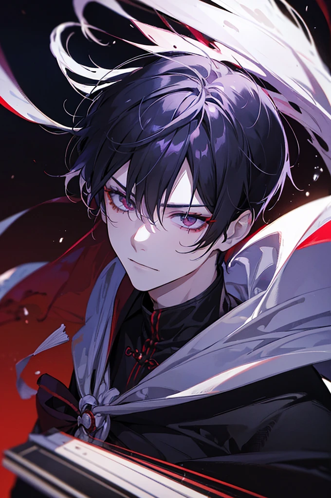 A handsome man with a purple short messy hair, gleaming red eyes, wearing a white shirt with a black and red cape with samurai metal plates and details, red strings, hood and bows, black pants, red moon background, menacing bright red electricity aura, menacing gaze and sinister hysterical evil smile (best quality, full HD, best illumination, realism, visual effects, blur, motion blur)