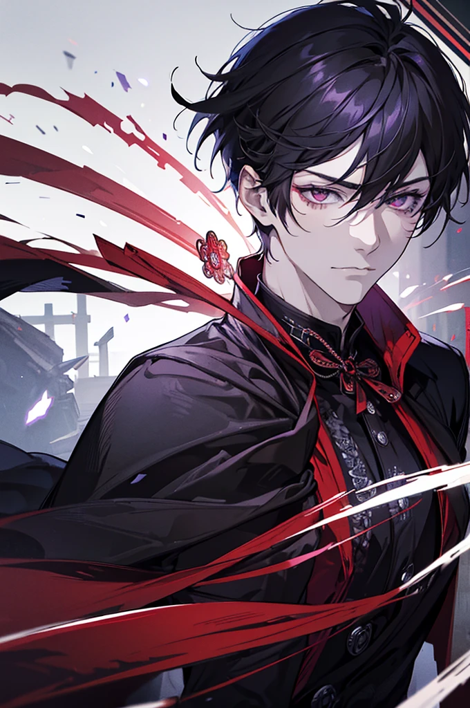 A handsome man with a purple short messy hair, gleaming red eyes, wearing a white shirt with a black and red cape with samurai metal plates and details, red strings, hood and bows, black pants, red moon background, menacing bright red electricity aura, menacing gaze and sinister hysterical evil smile (best quality, full HD, best illumination, realism, visual effects, blur, motion blur)