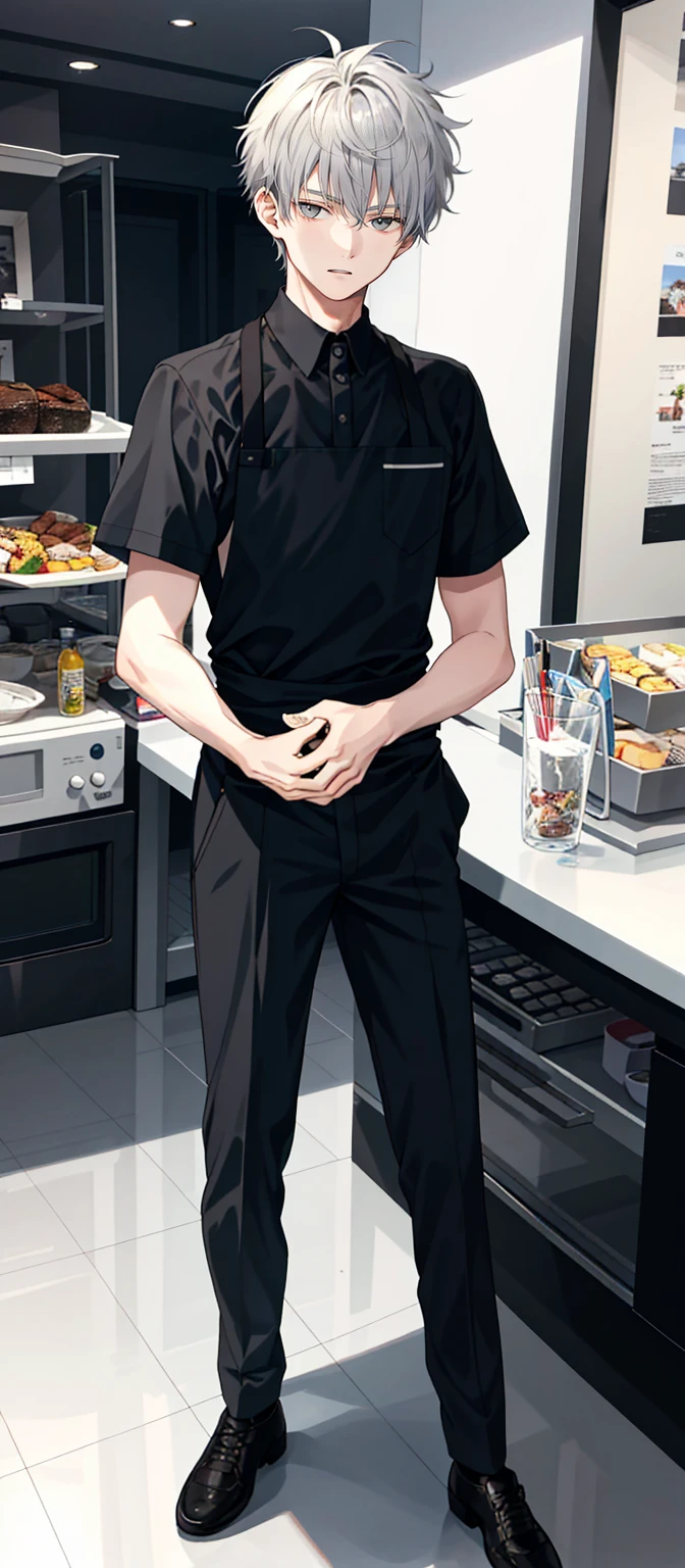 1 boy, 18 years old, full body, waiter, short hair, grey hair, messy hair, undercut,