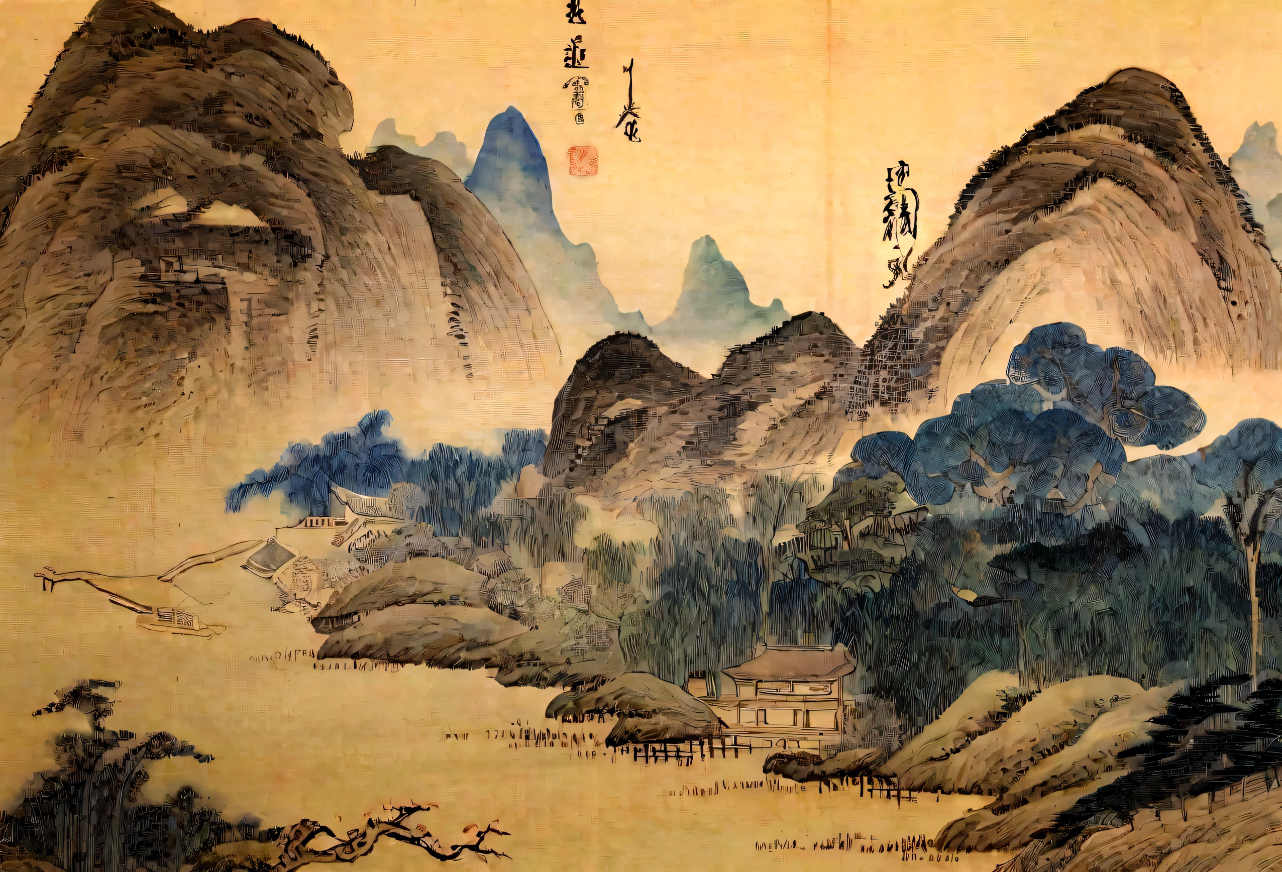 Arafud View,Mountain,River and Birds, Chinese landscape, Qing Dynasty painting, Inspired by Zhang Shunzi, author:Dondi, Chinese Art, Very sophisticated, Song, Qing Dynasty, Inspired by Mabuchi, author:Selangor Oriental, author:Dear Anne,, author:Wang Lu, author:Wang Fu