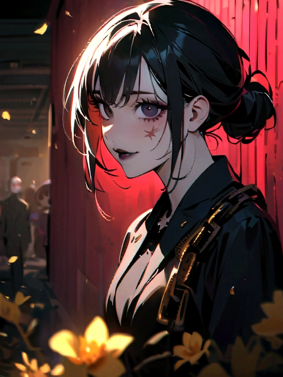 anime, goth style woman, chain accesories, ((wearing a black suit mixed with golden flowers marks)), black suit, ((black eyes)), very dark eyes, upper view, both arms on her back, she is hiding her arms on her back, Japanese-style hair tied and a little messy, dark gothic makeup, black lips, dark circles, smile, abandoned doll factory setting, horror, highres, ultra-detailed, (best quality,4k,highres,masterpiece),subdued colors, vivid colors, professional lighting, dark shadows, golden lightining, detailed lips, detailed eyes, only black and golden colors.