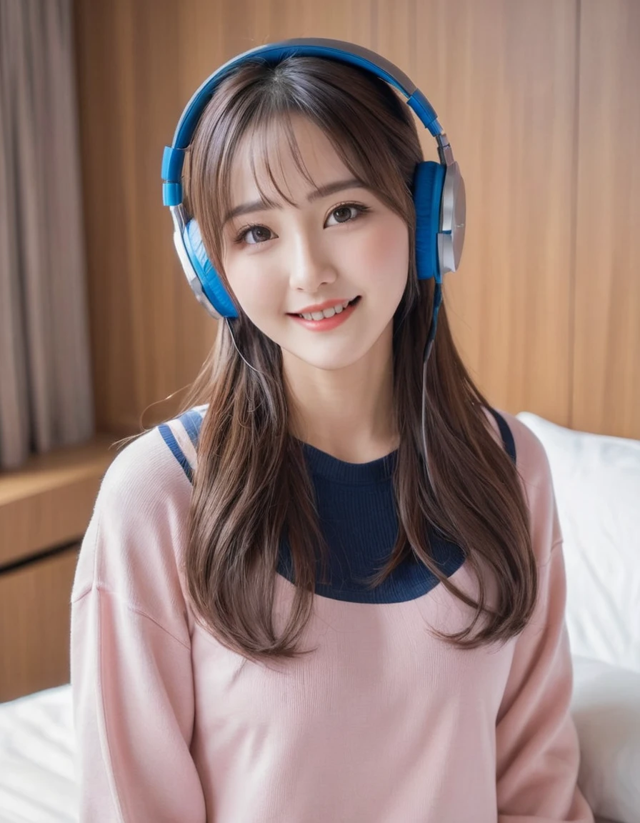 ((Highest quality、8K、masterpiece:1.3))、One Girl、Beautiful woman with well-defined abdominal muscles:1.3、(Long-haired、Huge boobs:1.2)、At the hotel、Listening to music with headphones、Super delicate face、sound、double eyelid、Toothy smile、Random color clothes、Looking into the camera、Big smile、Look at this、Open your eyes wide and look at me、pleasant sensations、Wearing headphones