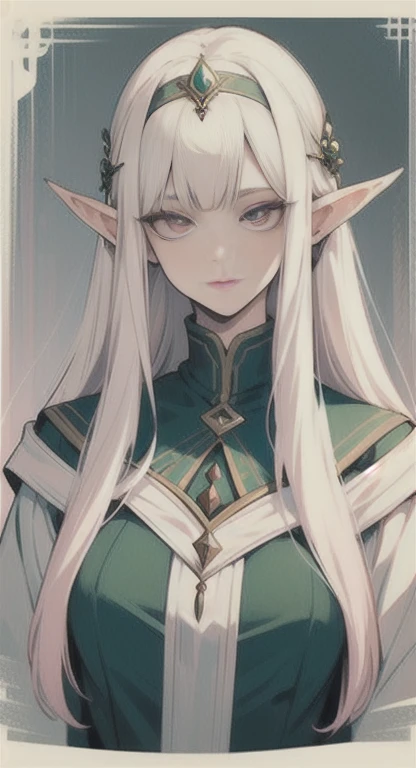 Ancient, long white hair pink eyes, elf Princess Saria, Ancient uniform, elves everywhere, looking at viewer, SFW, vintage portrait,