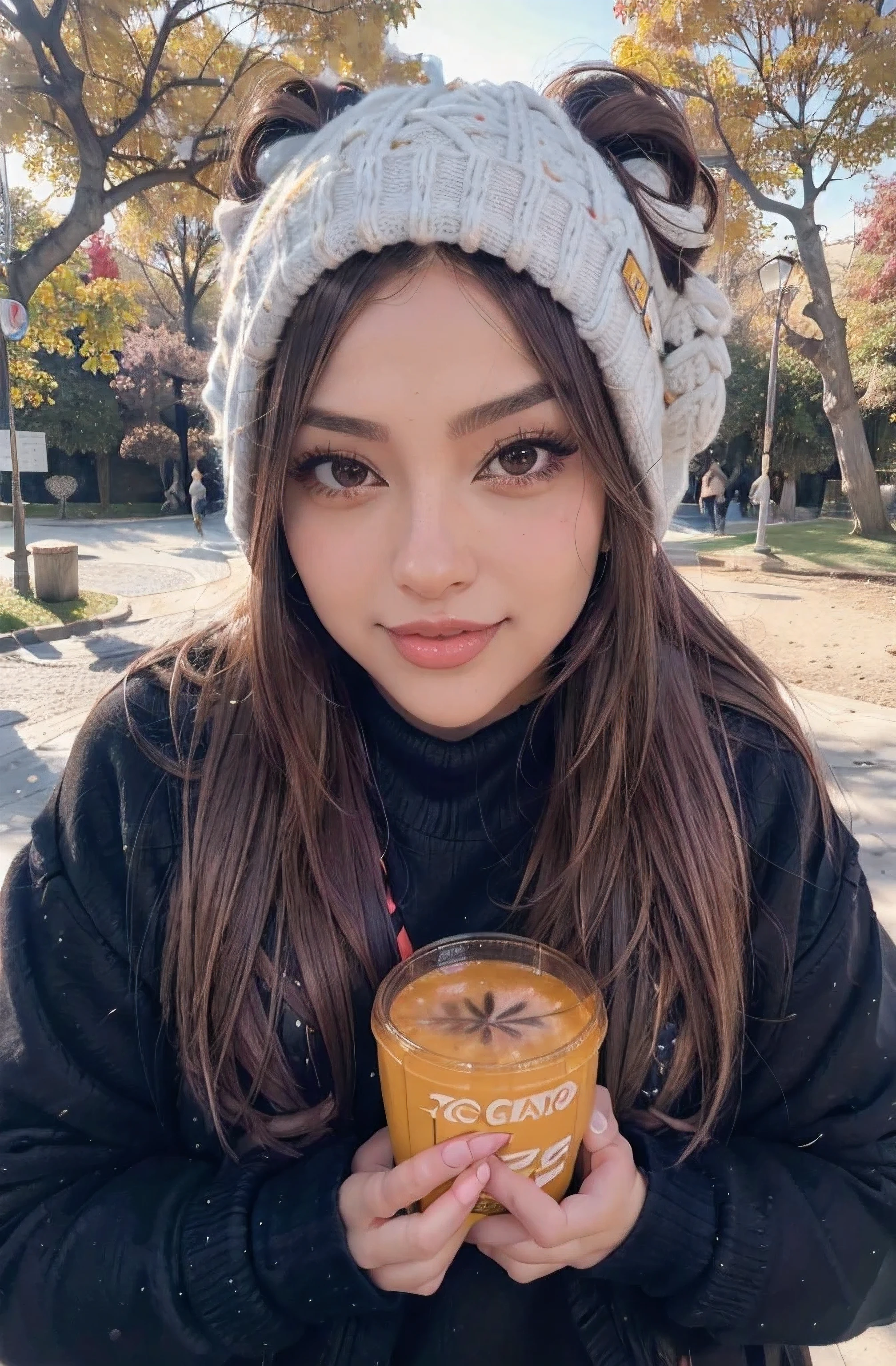 Arigameplays (Best Quality,High resolution),ultra detailed,realist,portrait,warm colors,Soft lighting,happy expression,by rubio,park,giant sweater,scarf,beautiful eyes,cap,autophoto,honey poop, large black plastic frame lenses for improved vision