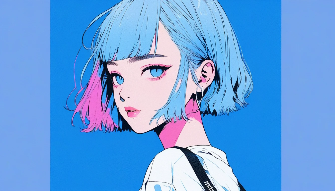 Illustrator, anime , Realistic ,sketch , 1 Girl, ,lip, T-shirt,order,Textured Trim, (masterpiece,Highest quality) Blue background, Neon Hair,Textured Trim, Canadian, (masterpiece,Highest quality) Cancer