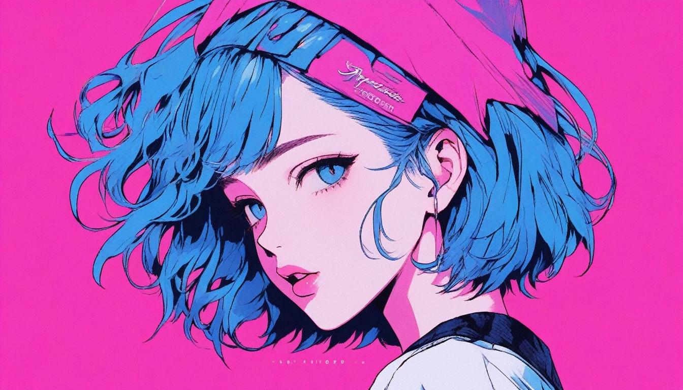 Illustrator, anime , Realistic ,sketch , 1 Girl, ,lip, T-shirt,order,Textured Trim, (masterpiece,Highest quality) Blue background, Neon Hair,Textured Trim, Canadian, (masterpiece,Highest quality) Cancer