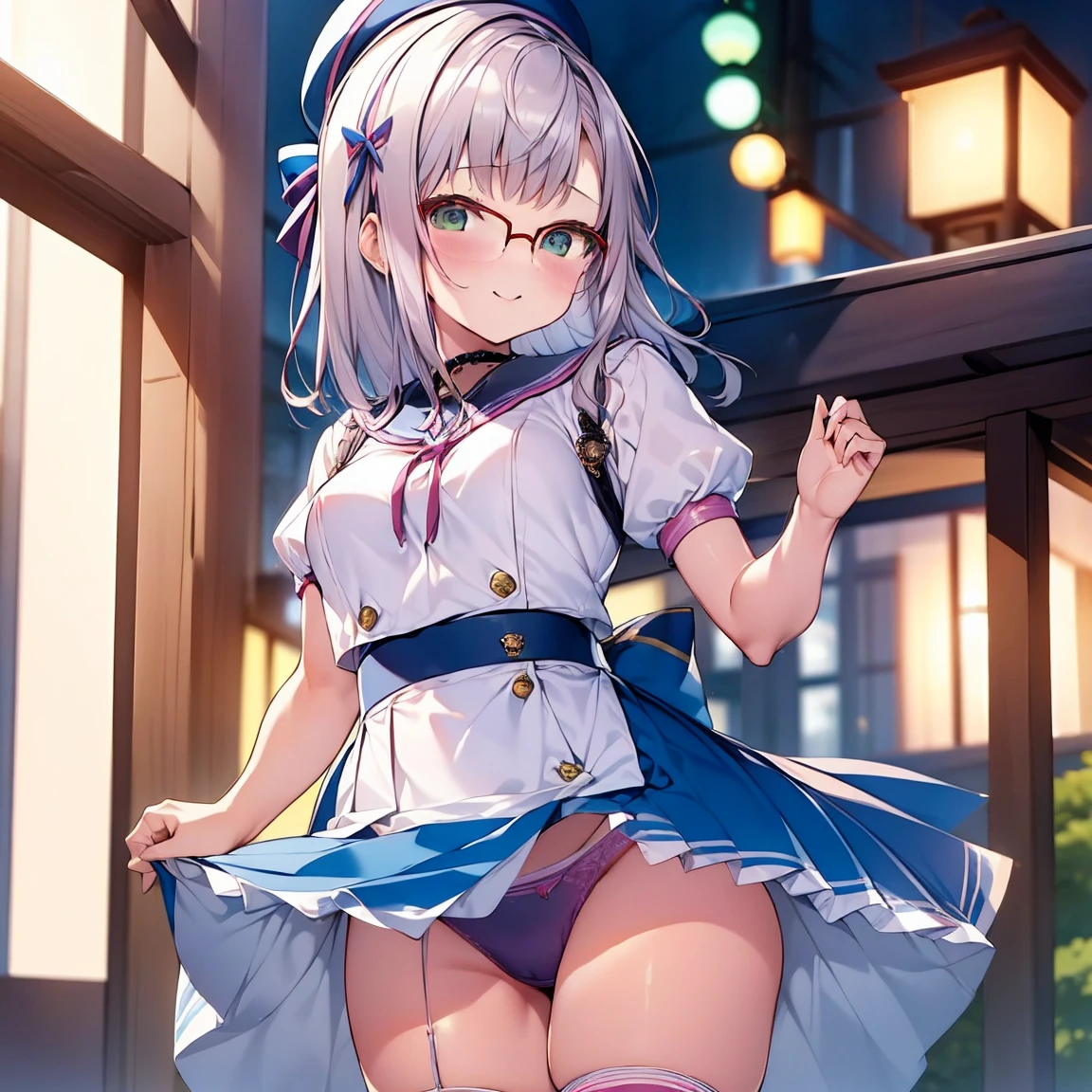8K、masterpiece、Japanese、Woman wearing glasses、Neon(nod)、from the front、smile、Childish、Small breasts、See-through underwear、night、Bedroom、Show your underwear、mini skirt