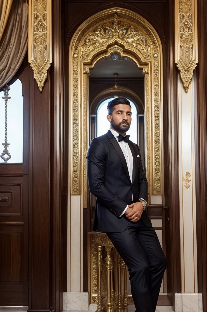 a visionary looking to the future, lots of wealth, money and a healthy appearance, modern empires appear in the background of the image while man, Vestida de forma elegante, see the future before your eyes.