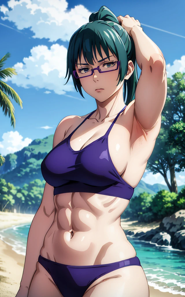 Maki Zenin, blue bikini, curved, dark green hair, ponytail, well proportioned, muscular, large thighs, medium chest, purple glasses, beach background, arms up, armpits visible