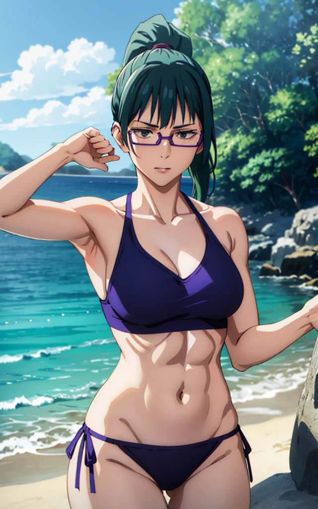 Maki Zenin, blue bikini, curved, dark green hair, ponytail, well proportioned, muscular, large thighs, medium chest, purple glasses, beach background, arms up, armpits visible
