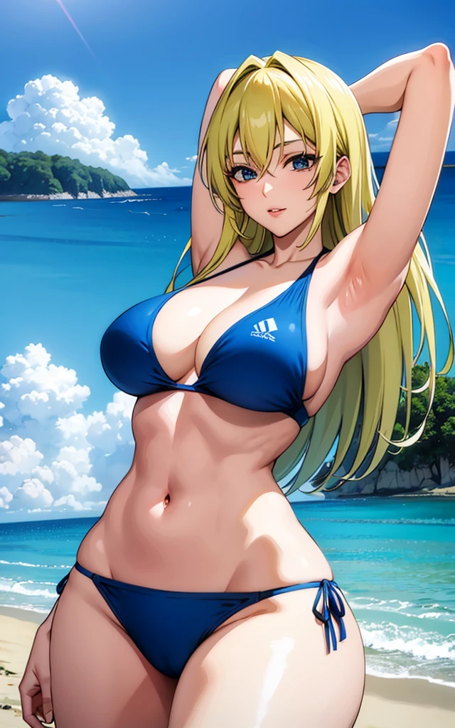 yuki tsukumo, blue bikini, curved, blonde hair, well proportioned, muscular, large thighs, medium chest, beach background, arms up, armpits visible