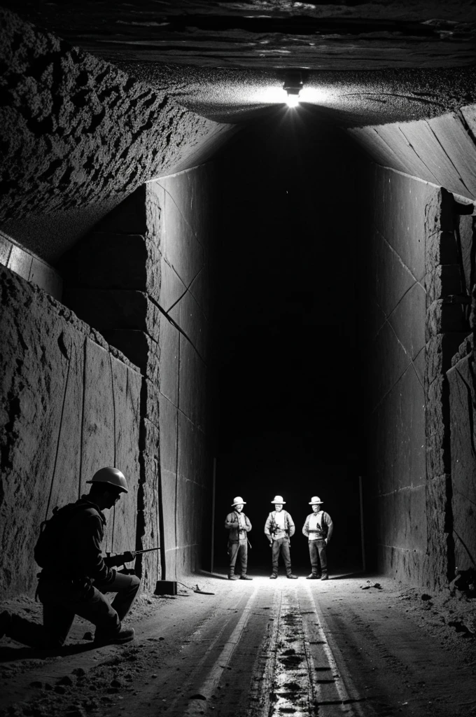 3 people in a mine in black and white