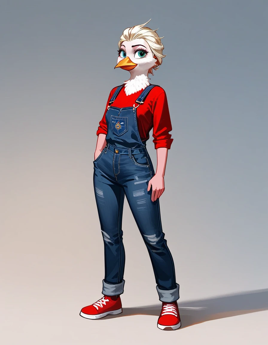 score_9, score_8_up, score_7_up, anthro bird, female, full body, portrait, beak, overalls, frozen lakeside, Over-the-shoulder shot,