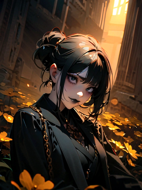 anime, goth style woman, chain accesories, ((wearing a black suit mixed with golden flowers marks)), black suit, ((black eyes)), very dark eyes, upper view, both arms on her back, she is hiding her arms on her back, Japanese-style hair tied and a little messy, dark gothic makeup, black lips, dark circles, scary scene, smile, abandoned doll factory setting, horror, highres, ultra-detailed, (best quality,4k,highres,masterpiece),subdued colors, vivid colors, professional lighting, dark shadows, golden lightining, detailed lips, detailed eyes, only black and golden colors.