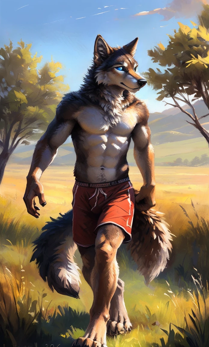 ((Solo)), male people, anthro wolf, (Multi-colored fur, White-brown:1.3,White tail pointed), (Height 2.1m,Tail length 1.2m), ((Wolf face, Big eyes, White eyelids, Blue pupil, Slim:1.2) (Tough, Calm expression:1.2)), Abs, Slim, pinging)), (Correct anatomy), (Work shorts:1.1), The upper body naked, (detailed outfits),A long big tail,Feet,(Realistic fur, Detailed fur texture, labeled:1.3)), (Natural lighting), Photorealistic, Hyperrealistic, ultradetailed, by Kenket,Field,erect through,Running on
