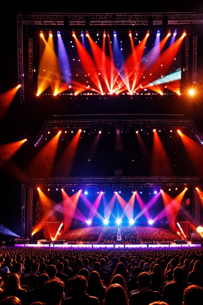 A group of young people participating in a singing competition with a large performance stage and a background screen that says Rocko Fest, many lights and illumination in a sunset and with a lot of public ahead 