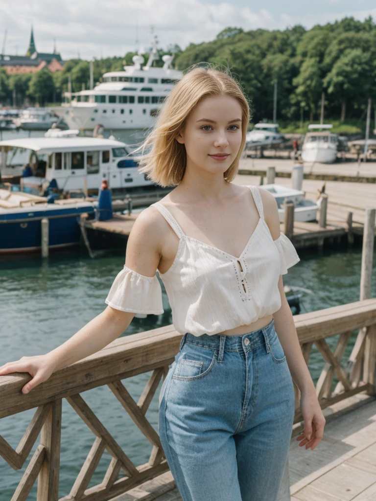 her name is Elle, high quality, 1girl, ((20-year-old fit Caucasian woman)), ((20 years old)), ((fit)), ((pale skin)), short bob blonde hair , wearing Boho Peasant Top + High-Waisted Flared Jeans, pose: standing, background: Highlight the modern elegance of Stockholm's waterfront, with sleek Scandinavian design, historic buildings, and the archipelago of islands connected by bridges and ferries.