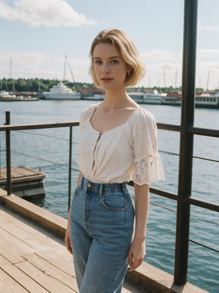 her name is Elle, high quality, 1girl, ((20-year-old fit Caucasian woman)), ((20 years old)), ((fit)), ((pale skin)), short bob blonde hair , wearing Boho Peasant Top + High-Waisted Flared Jeans, pose: standing, background: Highlight the modern elegance of Stockholm's waterfront, with sleek Scandinavian design, historic buildings, and the archipelago of islands connected by bridges and ferries.