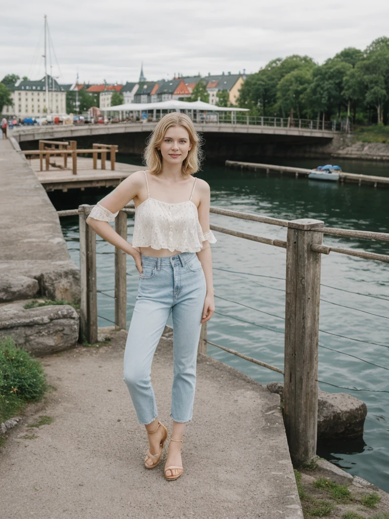 her name is Elle, high quality, 1girl, ((20-year-old fit Caucasian woman)), ((20 years old)), ((fit)), ((pale skin)), short bob blonde hair , wearing Boho Peasant Top + High-Waisted Flared Jeans, pose: standing, background: Highlight the modern elegance of Stockholm's waterfront, with sleek Scandinavian design, historic buildings, and the archipelago of islands connected by bridges and ferries.