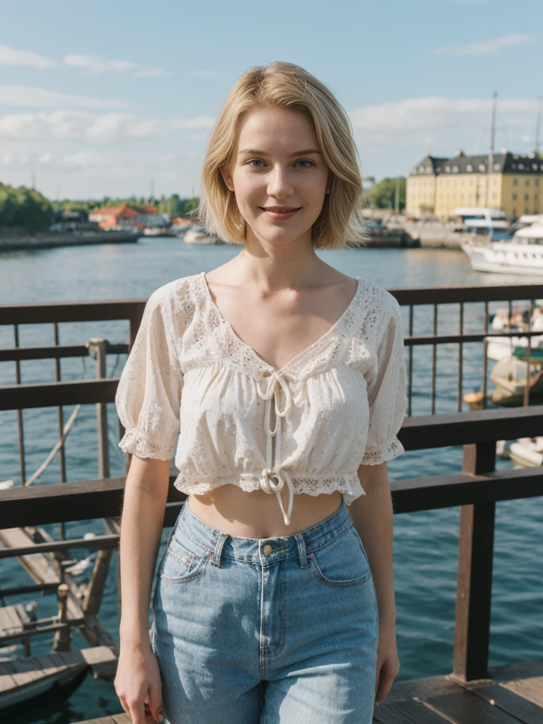 her name is Elle, high quality, 1girl, ((20-year-old fit Caucasian woman)), ((20 years old)), ((fit)), ((pale skin)), short bob blonde hair , wearing Boho Peasant Top + High-Waisted Flared Jeans, pose: standing, background: Highlight the modern elegance of Stockholm's waterfront, with sleek Scandinavian design, historic buildings, and the archipelago of islands connected by bridges and ferries.