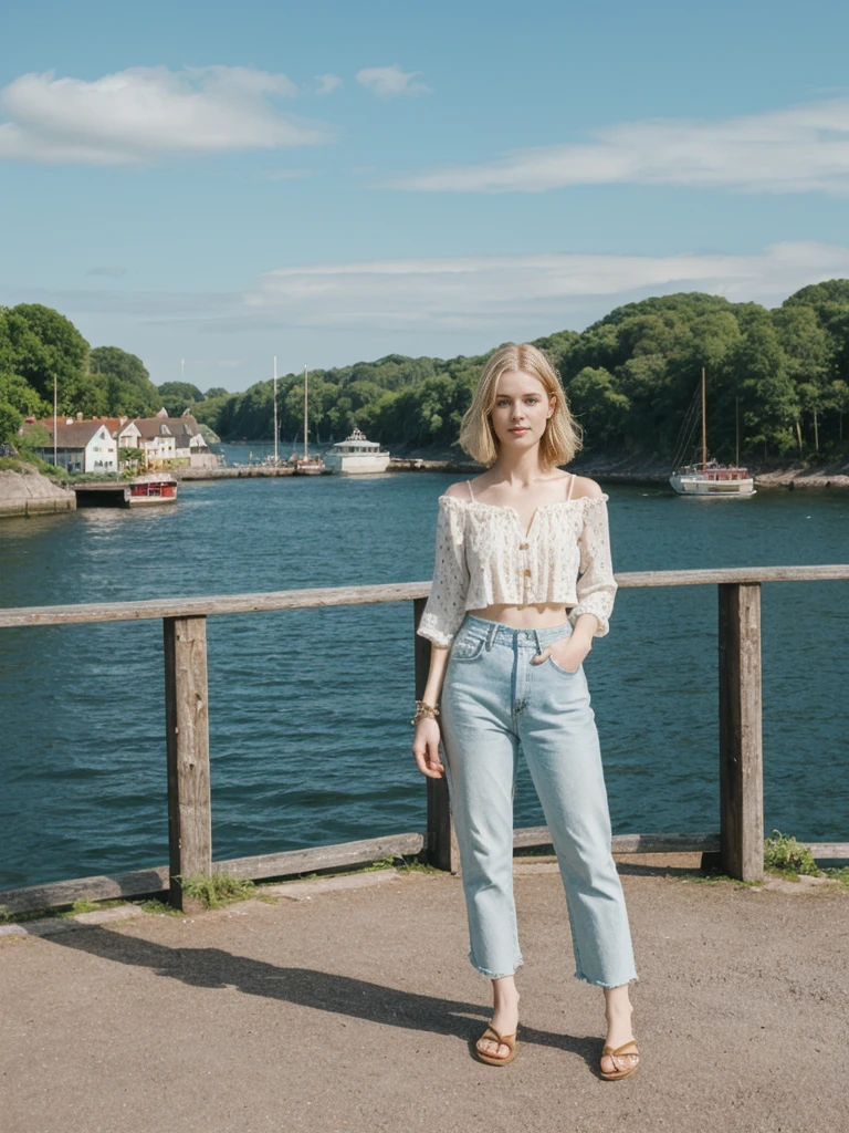 her name is Elle, high quality, 1girl, ((20-year-old fit Caucasian woman)), ((20 years old)), ((fit)), ((pale skin)), short bob blonde hair , wearing Boho Peasant Top + High-Waisted Flared Jeans, pose: standing, background: Highlight the modern elegance of Stockholm's waterfront, with sleek Scandinavian design, historic buildings, and the archipelago of islands connected by bridges and ferries.