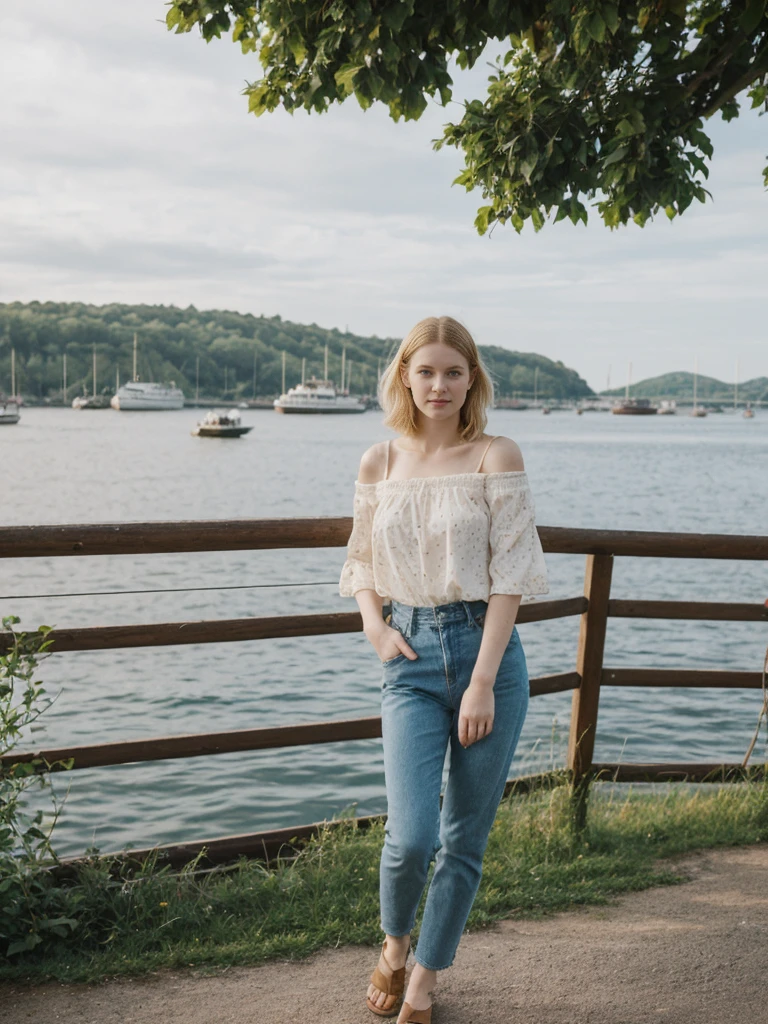 her name is Elle, high quality, 1girl, ((20-year-old fit Caucasian woman)), ((20 years old)), ((fit)), ((pale skin)), short bob blonde hair , wearing Boho Peasant Top + High-Waisted Flared Jeans, pose: standing, background: Highlight the modern elegance of Stockholm's waterfront, with sleek Scandinavian design, historic buildings, and the archipelago of islands connected by bridges and ferries.