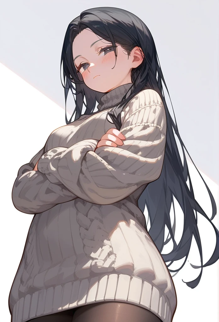 score_9, score_8_up, score_7_up, 1girl, woman, long hair, black hair, parted bangs, light black eyes, small breasts, innexpressive, sweater, Comfortable sleeves, sweater, blushing, narrowed eyes, closed mouth, standing, crossed arms, side view, thighs, below view, upper body, masterpiece, best quality, white background