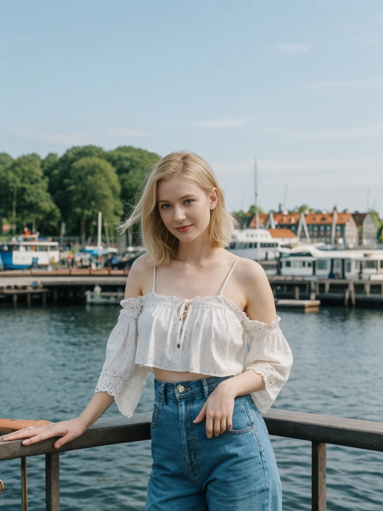 her name is Elle, high quality, 1girl, ((20-year-old fit Caucasian woman)), ((20 years old)), ((fit)), ((pale skin)), short bob blonde hair , wearing Boho Peasant Top + High-Waisted Flared Jeans, pose: standing, background: Highlight the modern elegance of Stockholm's waterfront, with sleek Scandinavian design, historic buildings, and the archipelago of islands connected by bridges and ferries.