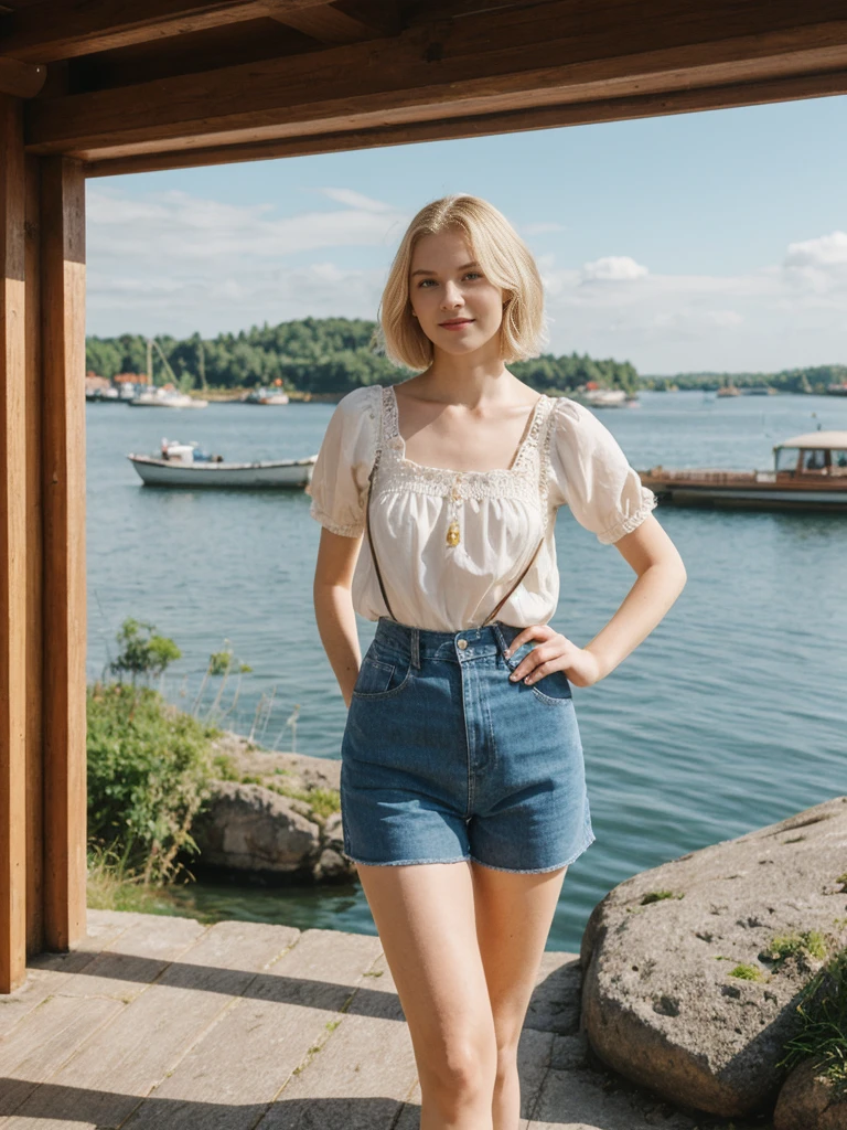 her name is Elle, high quality, 1girl, ((20-year-old fit Caucasian woman)), ((20 years old)), ((fit)), ((pale skin)), short bob blonde hair , wearing Boho Peasant Top + High-Waisted Flared Jeans, pose: standing, background: Highlight the modern elegance of Stockholm's waterfront, with sleek Scandinavian design, historic buildings, and the archipelago of islands connected by bridges and ferries.