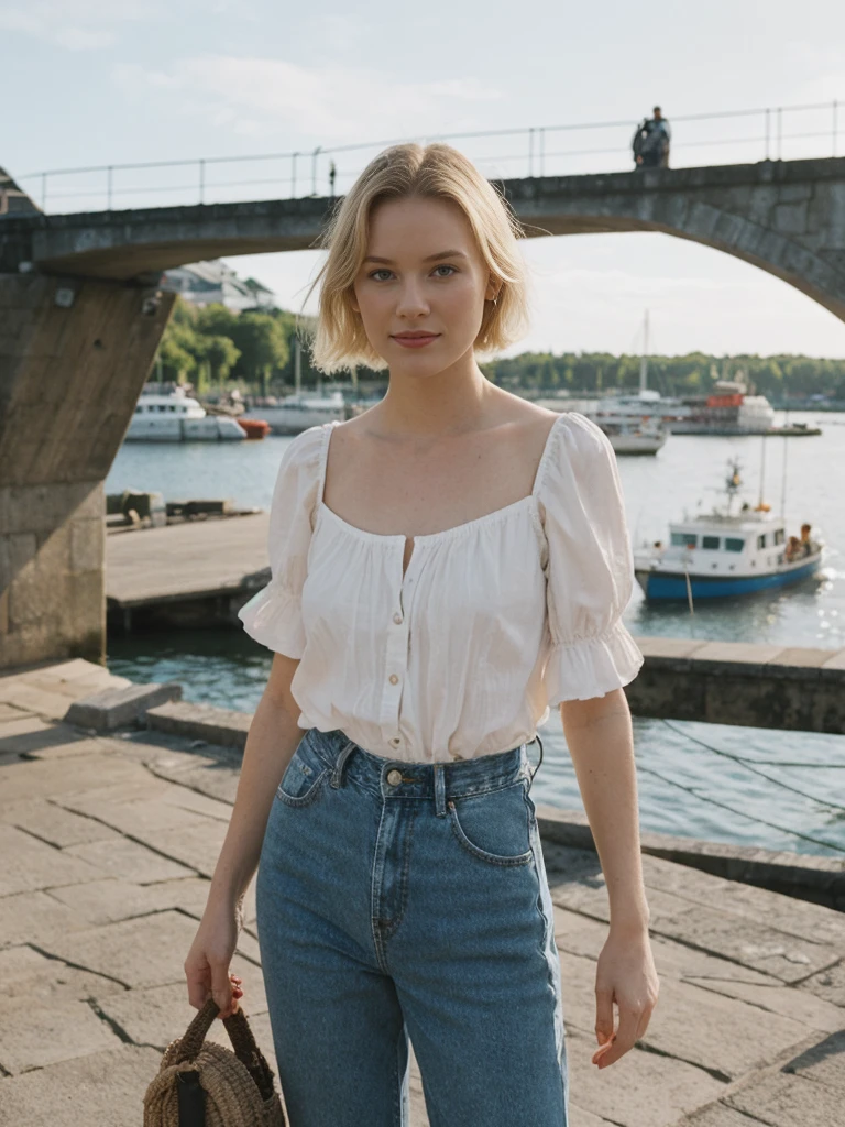 her name is Elle, high quality, 1girl, ((20-year-old fit Caucasian woman)), ((20 years old)), ((fit)), ((pale skin)), short bob blonde hair , wearing Boho Peasant Top + High-Waisted Flared Jeans, pose: standing, background: Highlight the modern elegance of Stockholm's waterfront, with sleek Scandinavian design, historic buildings, and the archipelago of islands connected by bridges and ferries.
