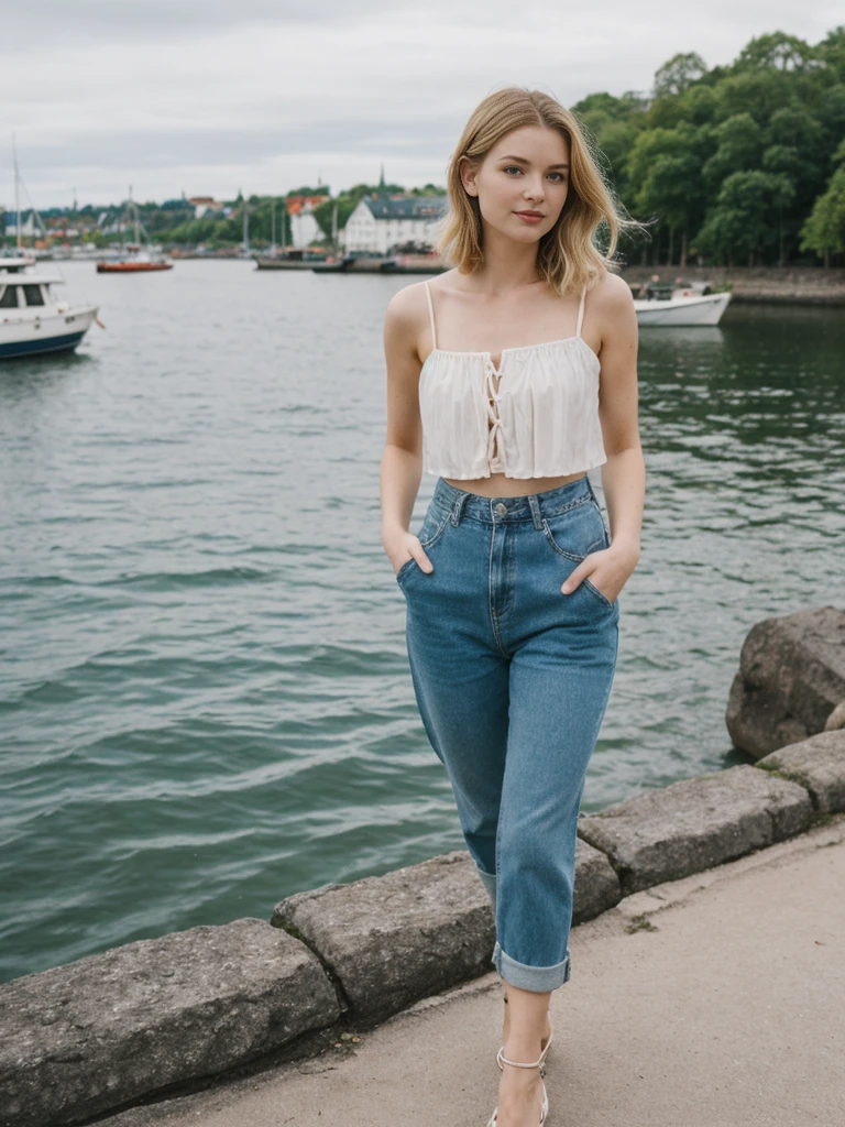her name is Elle, high quality, 1girl, ((20-year-old fit Caucasian woman)), ((20 years old)), ((fit)), ((pale skin)), short bob blonde hair , wearing Boho Peasant Top + High-Waisted Flared Jeans, pose: standing, background: Highlight the modern elegance of Stockholm's waterfront, with sleek Scandinavian design, historic buildings, and the archipelago of islands connected by bridges and ferries.