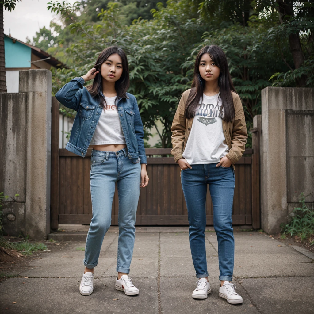 A beautiful asian girl,rambut panjang,jaket jeans,celana jeans,canvas shoes,take photos and pose in the beautiful open nature